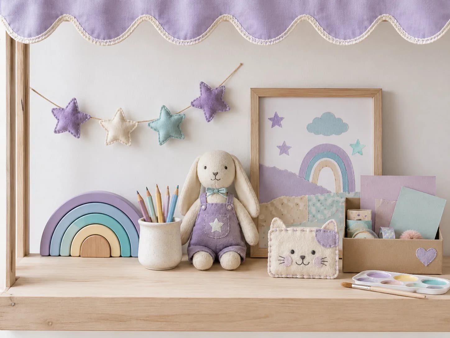 Children's shelf with a plush bunny, rainbow wooden stacker, pastel star garland and craft supplies