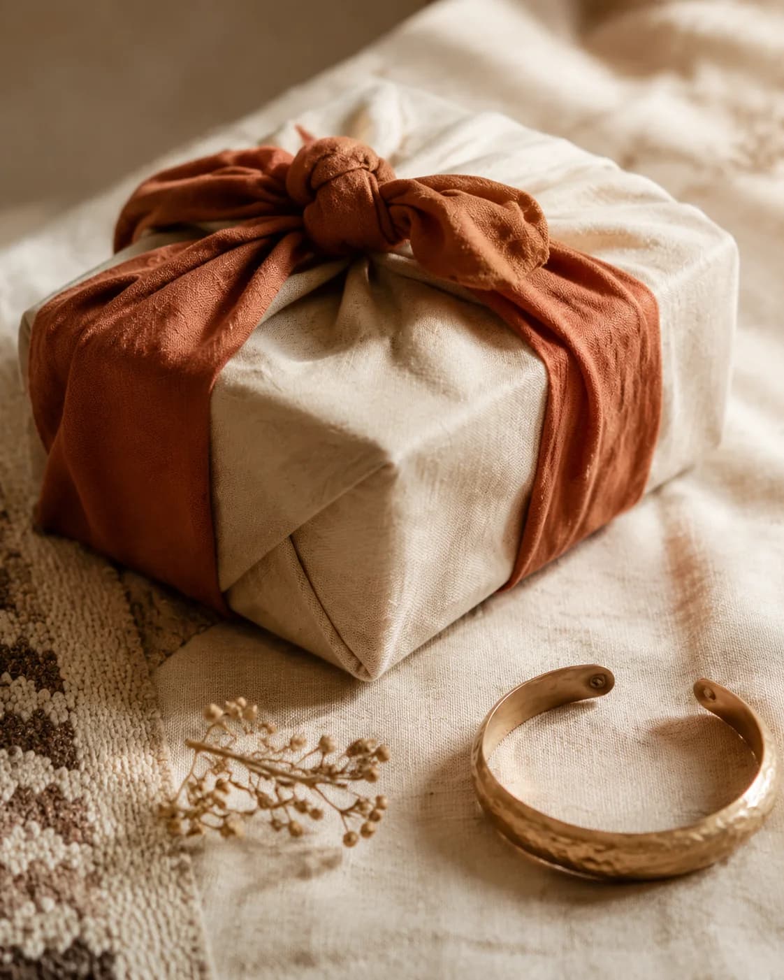 Handmade gift wrapped in cream linen with a terracotta ribbon, on a soft neutral background