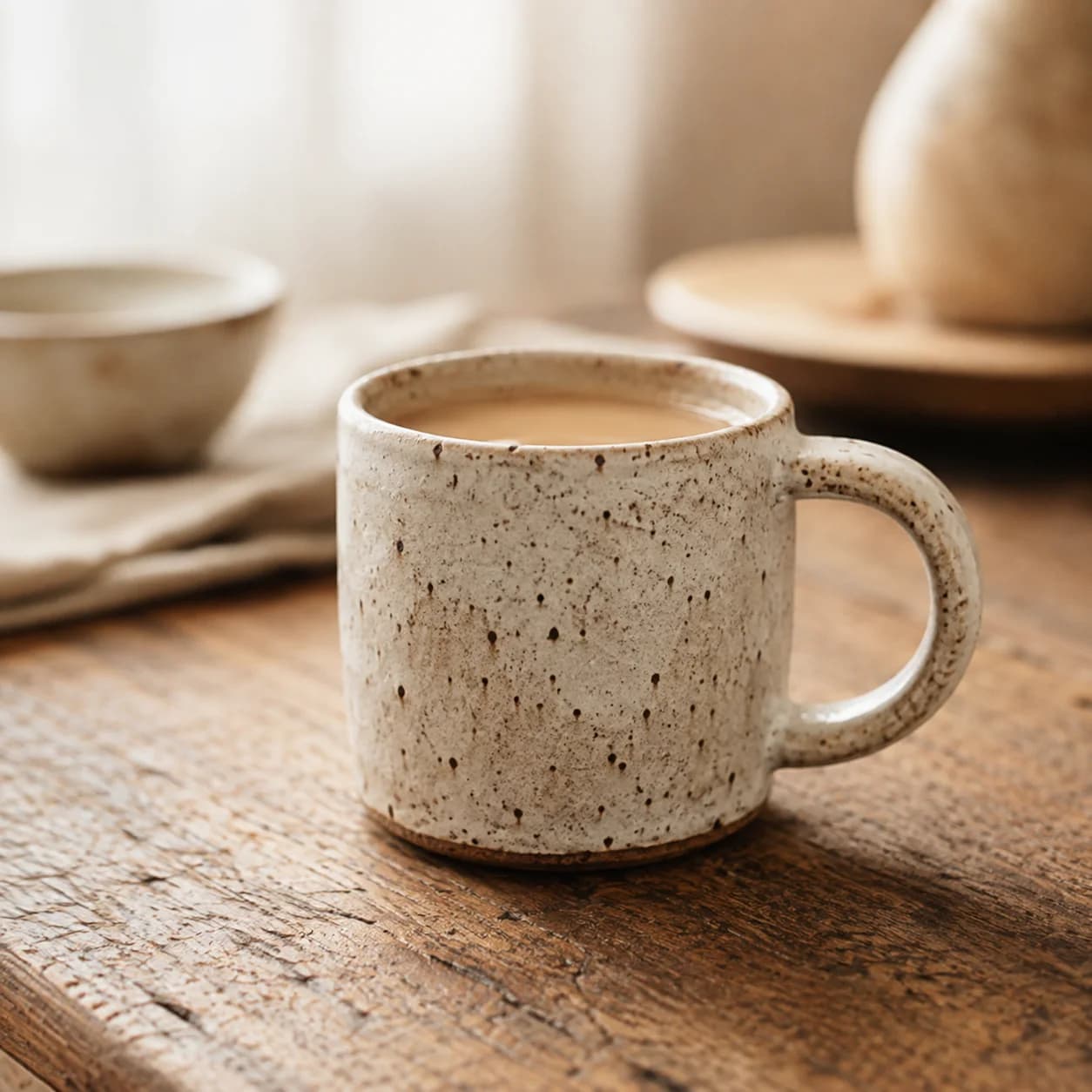 Handmade speckled stoneware mug of tea on a wooden table