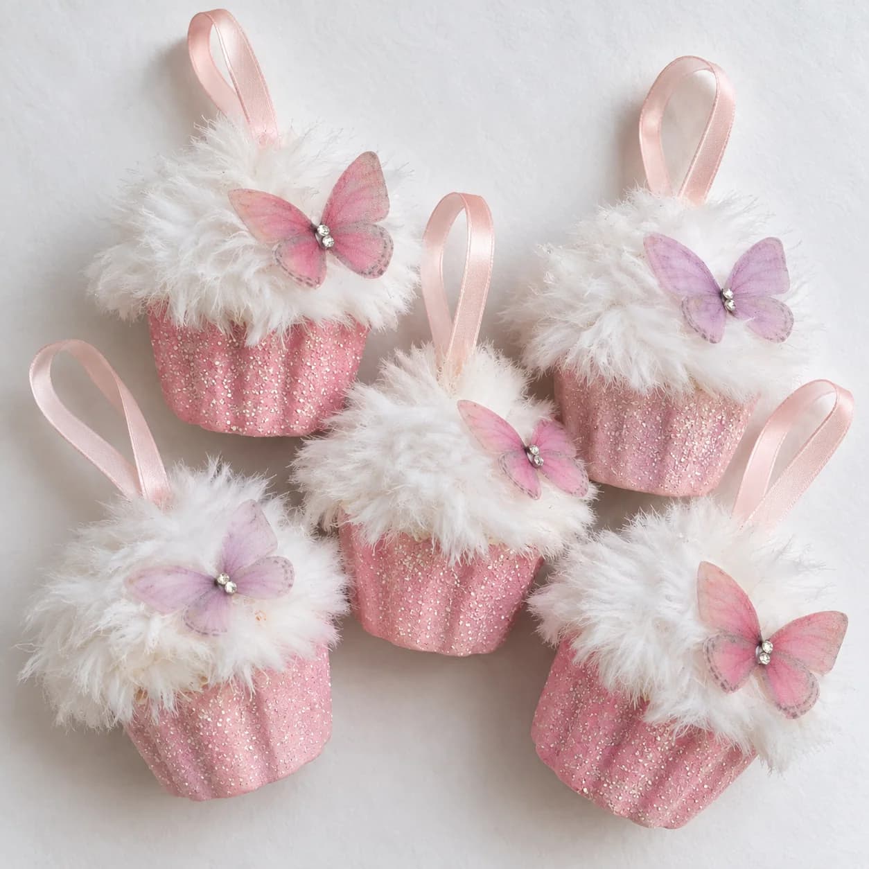 Pink Cupcake Christmas Ornaments with Butterflies – Set of 5 handmade by Sarah Makes